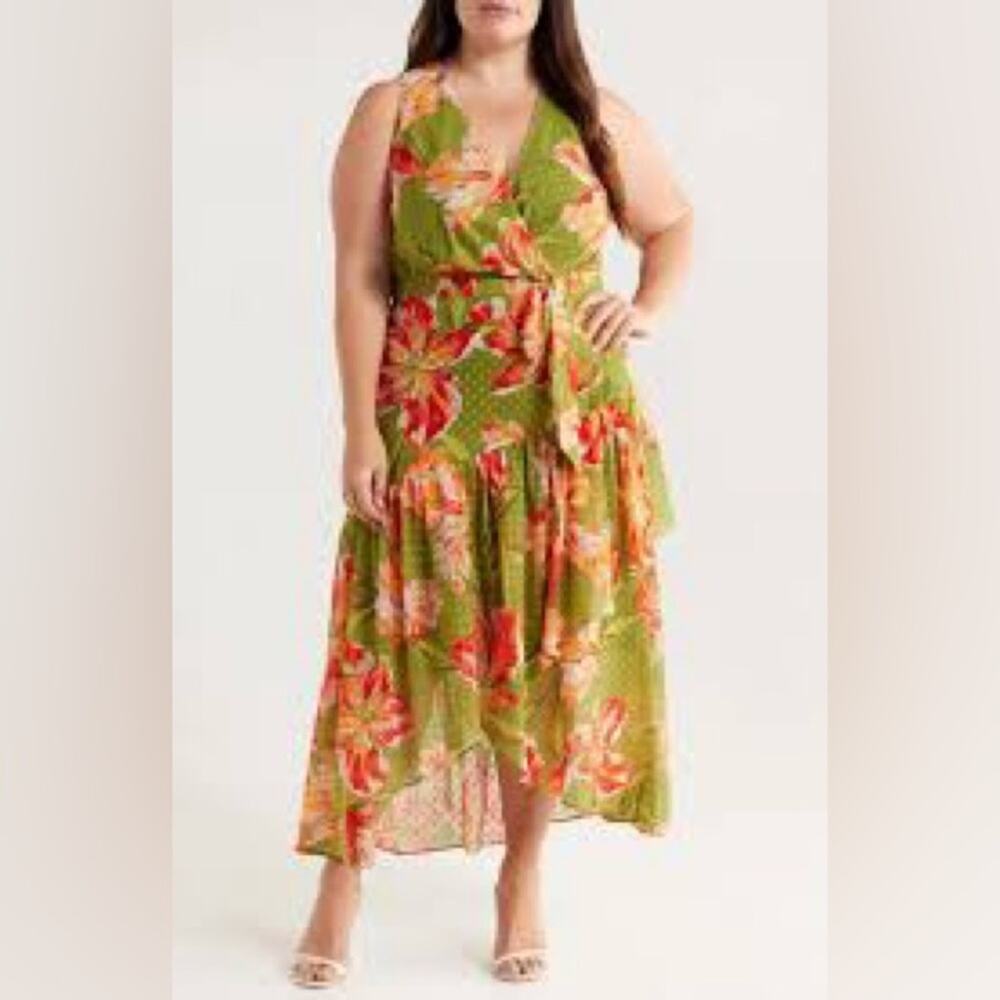 NWT $169 Anne Klein Women's 16W Floral-Print High-Low Faux-Wrap Dress ** no belt